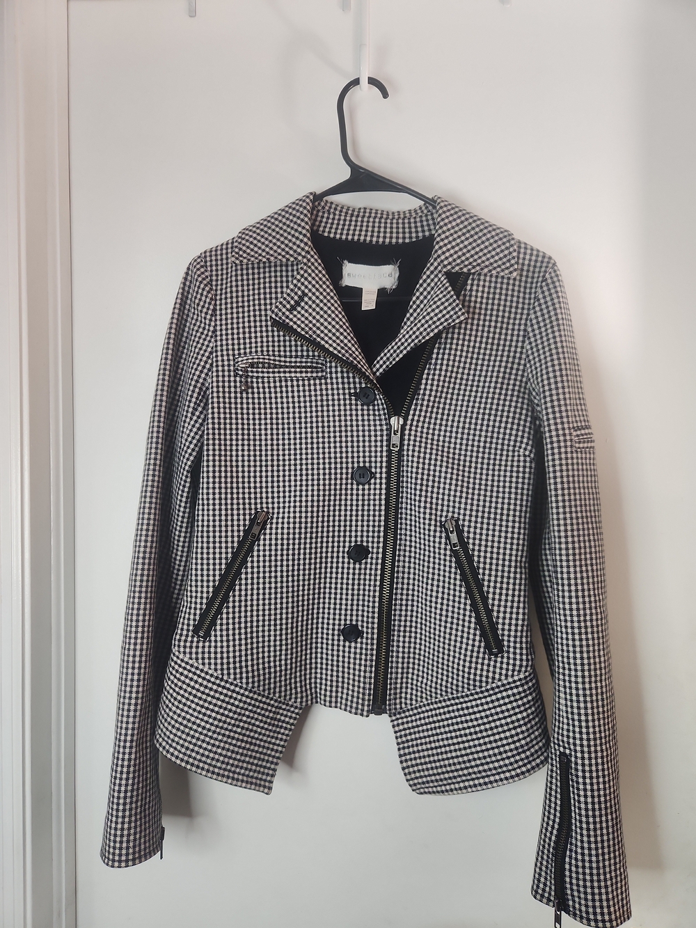 Sweetface Y2K Black & White Houndstooth Zip Moto Jacket